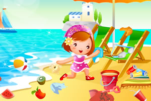 小女孩打扫海滩