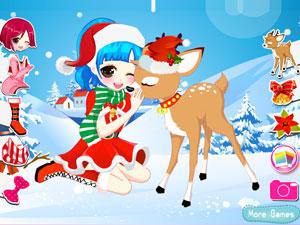 可爱圣诞女孩与小鹿