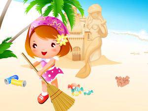 小女孩清洁海滩